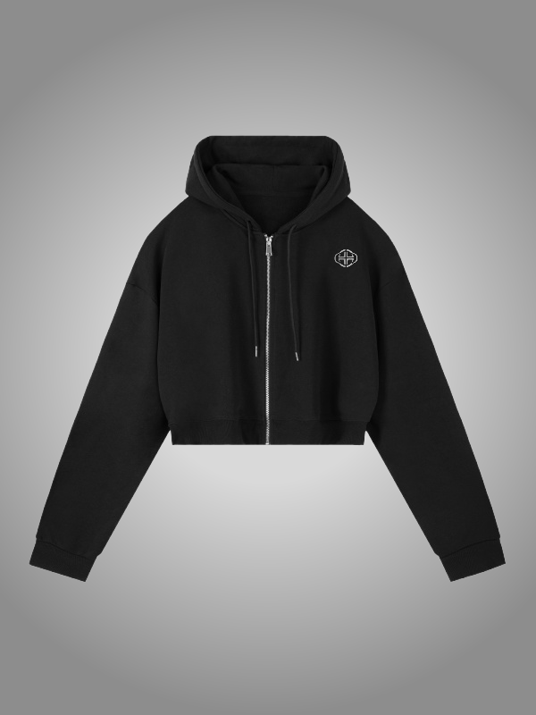BLACK CROPPED ZIP-UP HOODIE